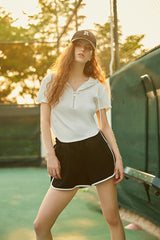 White Ribbed Hooded Half-Zip T-shirt