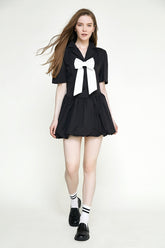 Black Bowknot Decor Balloon-Skirt Mini Dress