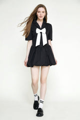 Black Bowknot Decor Balloon-Skirt Mini Dress