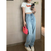 Light Blue Letter-Print Straight-Leg High-Rise Jeans