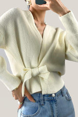 Ivory Ribbed Knit Wrap Tie Side Cardigan