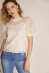 Ivory Floral Lace Round Neck Puff Sleeve Blouse