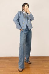 Cornflower Blue Double-Breasted Tweed Jacket With Gold Buttons