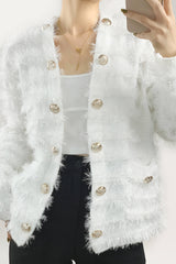 White Frayed Trim Cardigan With Gold Buttons