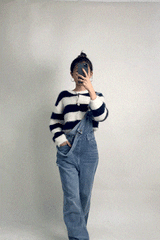 Dark Blue Striped Button-Up Fuzzy Knit Cardigan