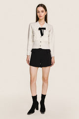 White Bow Detail Button-Up Cardigan