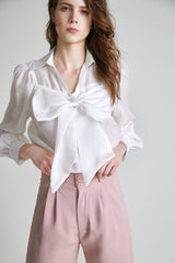 White Bow-Front Collared Blouse