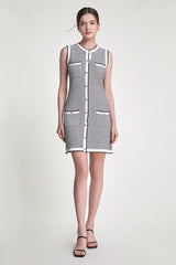 Grey Sleeveless Button Front Pocket Detail Knitted Mini Dress