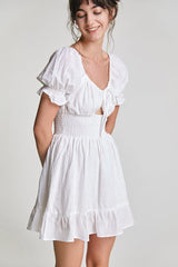 White Deep V-Neck Underbust Cut Out Smocked Waist Mini Dress