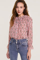 Pink Floral Print Tie Detail Ruffled Chiffon Blouse