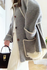Light Steel Blue Contrast Drop Shoulder Wool-Blend Tweed Coat with Scarf