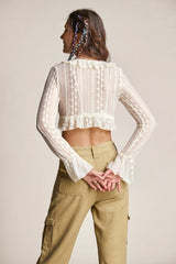 Ivory Lace Ruffled Tie Front Bell Sleeve Copped Blouse