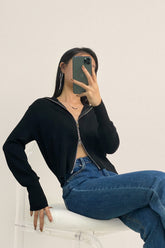 Black Wool-Blend Collared Zip-Up Cardigan
