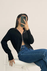 Black Wool-Blend Collared Zip-Up Cardigan