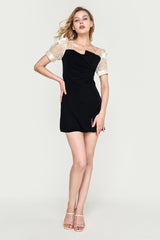 Black Draped Contrast Mesh Mini Dress