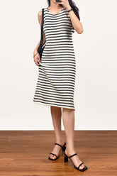 Ivory Striped Sleeveless Knit Midi Dress