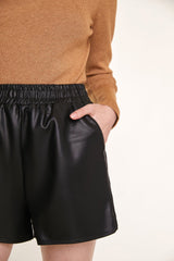 Black Elastic Waist Vegan Leather Shorts