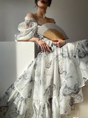 Ink-Qrint Maxi Dress With Nipped-In Waist