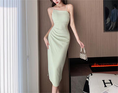 Green Off-the-Shoulder Spaghetti Strap Midi Dress