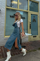 Medium Blue Side Slit Denim Overall Dress