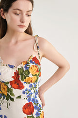 Ivory Floral Print Tie Strap Ruffled Hem Mini Dress