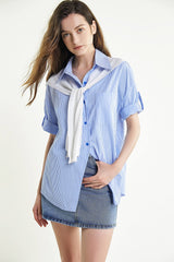 Light Sky Blue Striped Roll-Tab Sleeve Shirt With Square Scarf Shawl