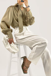 Dark Khaki Satin Ballon Sleeve Blouse