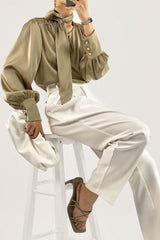 Dark Khaki Satin Ballon Sleeve Blouse