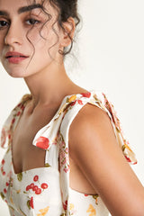 Ivory Fruit Print Tie Strap Mini Dress