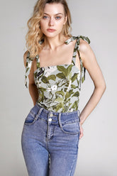 Dark Olive Green Printed Tie-Strap Tank Top