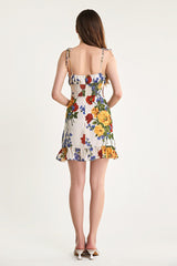 Ivory Floral Print Tie Strap Ruffled Hem Mini Dress