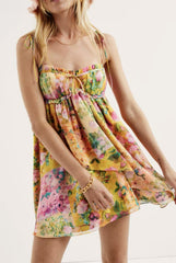 Multi-Coloured Floral Ruffle Bodice Detailing Mini Dress