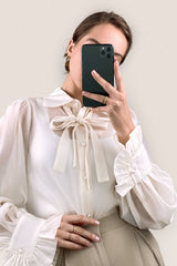 Floral White Sheer Button-Up Tie Neck Blouse