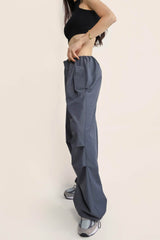 Grey Mid Rise Drawstring Cargo Pants