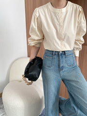 French Retro Round Neck Pleated Loose Long-Sleeved Shirt