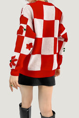 Red Cherry Prints Crew Neck Checkerboard Christmas