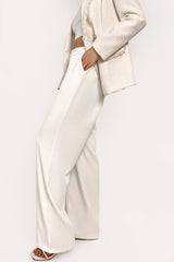 Ivory Half Elastic Pleat Detail Wide Leg Suit Pants