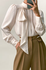 Floral White Satin High Neck Long Sleeve Blouse With Neck Tie