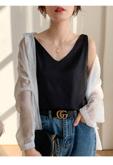 Black V-Neck Vest Bottomed Top Pure Cotton