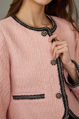 Pink Contrast Trim Tweed Jacket