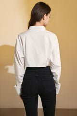 White Cropped Button-Up Lapel Collar Shirt