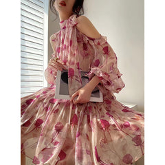 Pink Floral Print Neckline Bow Tie Mini Dress