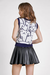 Midnight Blue Cat Print Knitted Vest