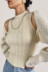 Ivory Cable Knit Shrug Cardigan & Vest Two-Piece Set