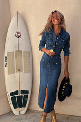 Edgy Instinct Wash Denim Long Sleeve Midi Dress - 2 Colors