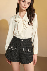 Ivory Satin Tie-Neck Long Sleeve Shirt