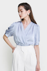 Light Steel Blue Surplice Neck Ruched Blouse
