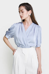 Light Steel Blue Surplice Neck Ruched Blouse