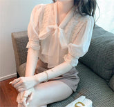 Swiss Dot High Neck Ruffled Lace Trim White Blouse