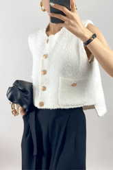 White Pocket Detail Gold Button Cropped Knitted Vest